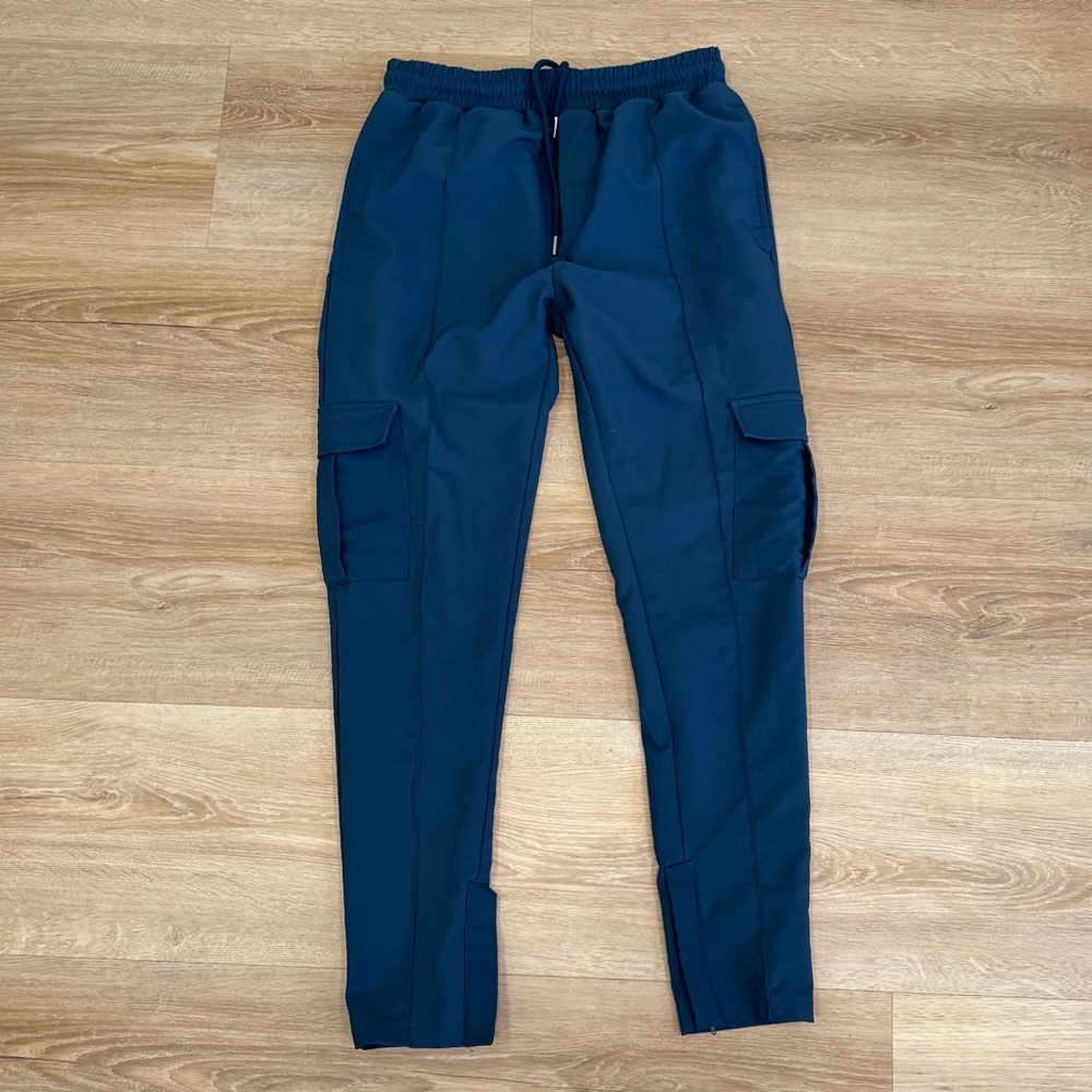 Boohoo Man Blue Cargo Pants Elastic Waist Drawstring Pockets Men’s Size Small
